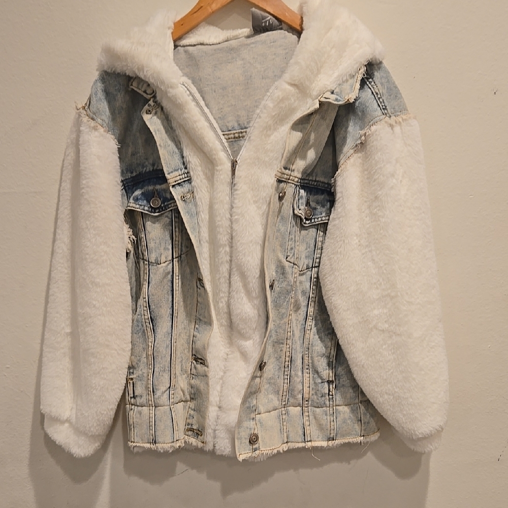 Denim and White Faux Fur Jacket